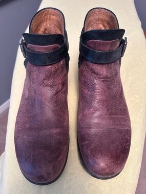 John Fluevog Leather Ankle Boots - Burgundy w/Black Strap Detail - Size 8